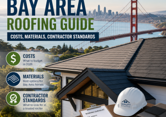 Bay Area roofing guide with Golden Gate Bridge, showing costs, materials, and contractor standards in 2026.