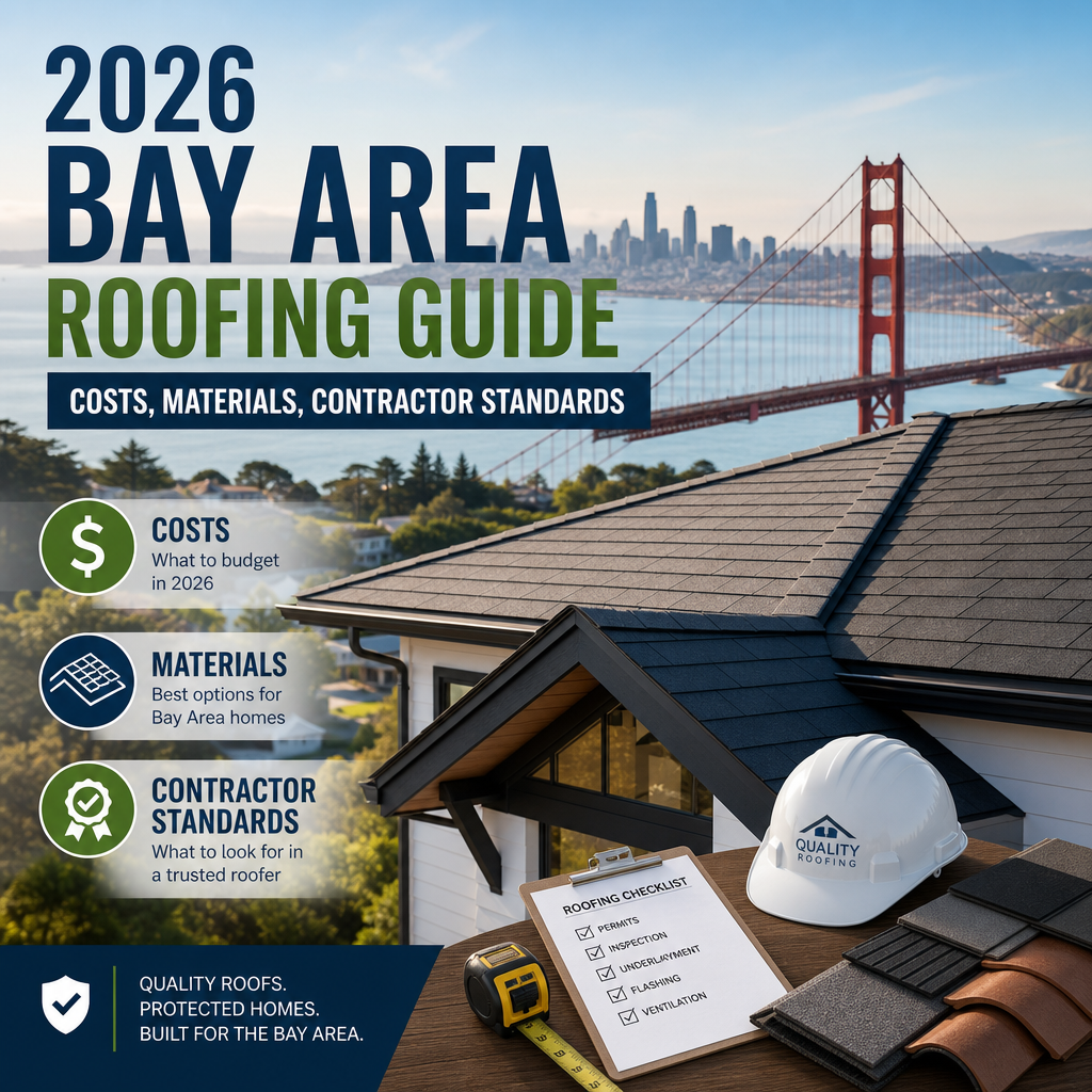 Bay Area roofing guide with Golden Gate Bridge, showing costs, materials, and contractor standards in 2026.