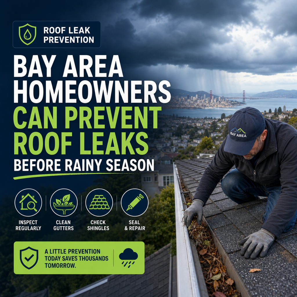 Bay Area homeowners inspecting roof, cleaning gutters, and repairing shingles to prevent leaks before rainy season
