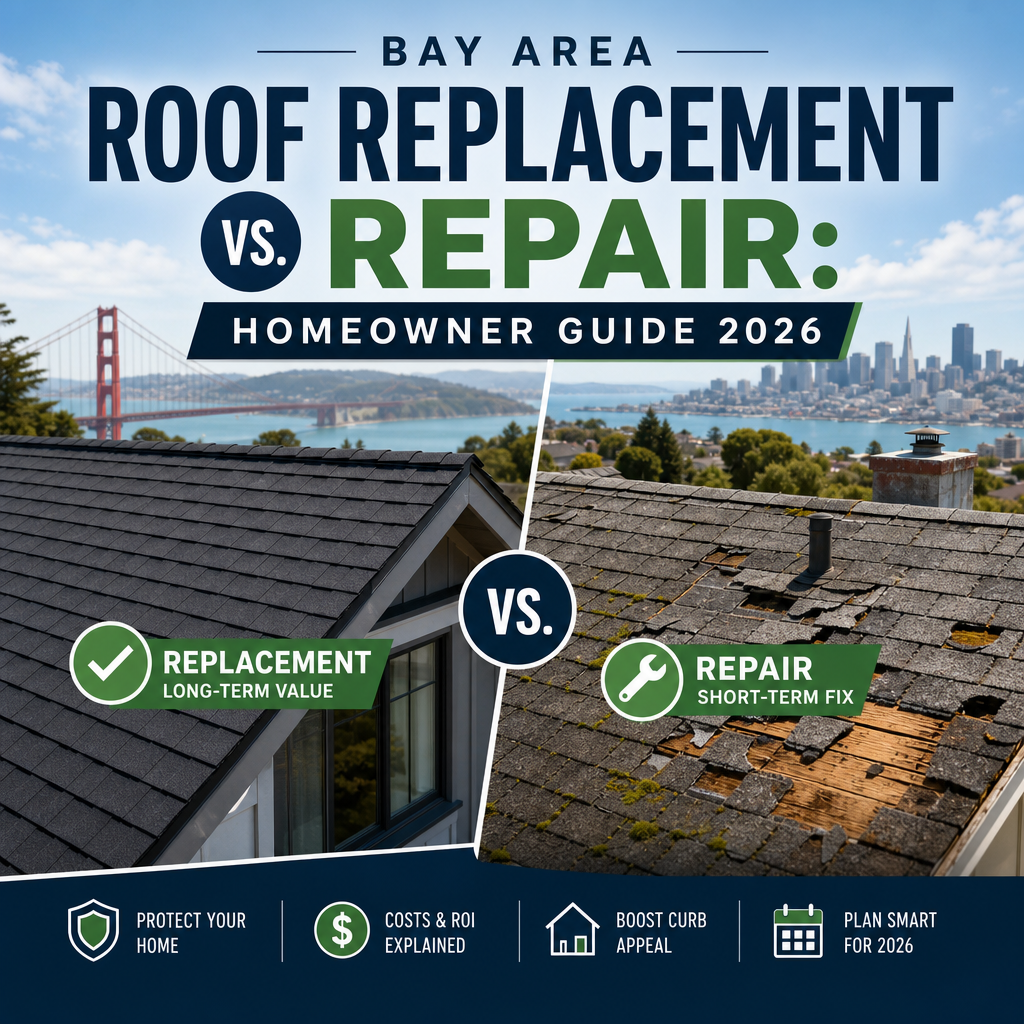 Bay Area homeowner comparing roof replacement vs. repair with cost and condition benefits tips