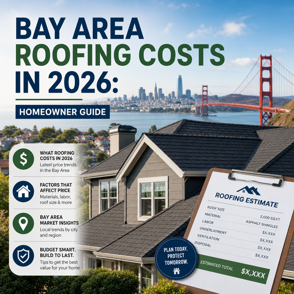 Illustration of Bay Area roofing costs in 2026 with pricing factors and homeowner budget insights