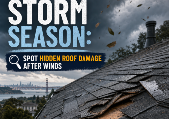 Damaged roof shingles with a city skyline in the background during Bay Area storm season.