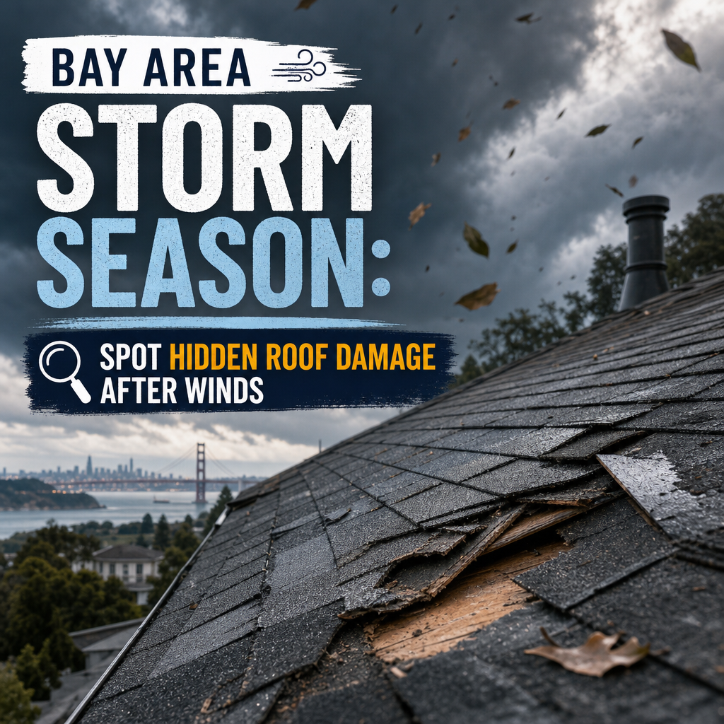 Damaged roof shingles with a city skyline in the background during Bay Area storm season.