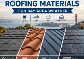 Illustrated roofing material samples: shingle, tile, metal, and slate for Bay Area weather.
