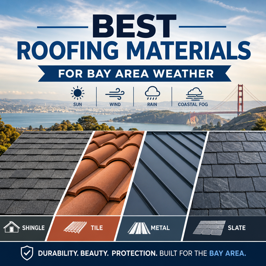Illustrated roofing material samples: shingle, tile, metal, and slate for Bay Area weather.