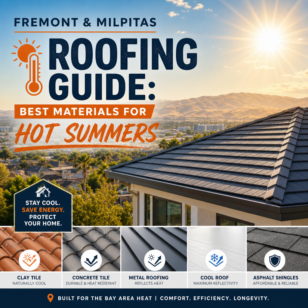 Roofing material options for hot Fremont and Milpitas summers, including tile, metal, cool roof, and shingles.