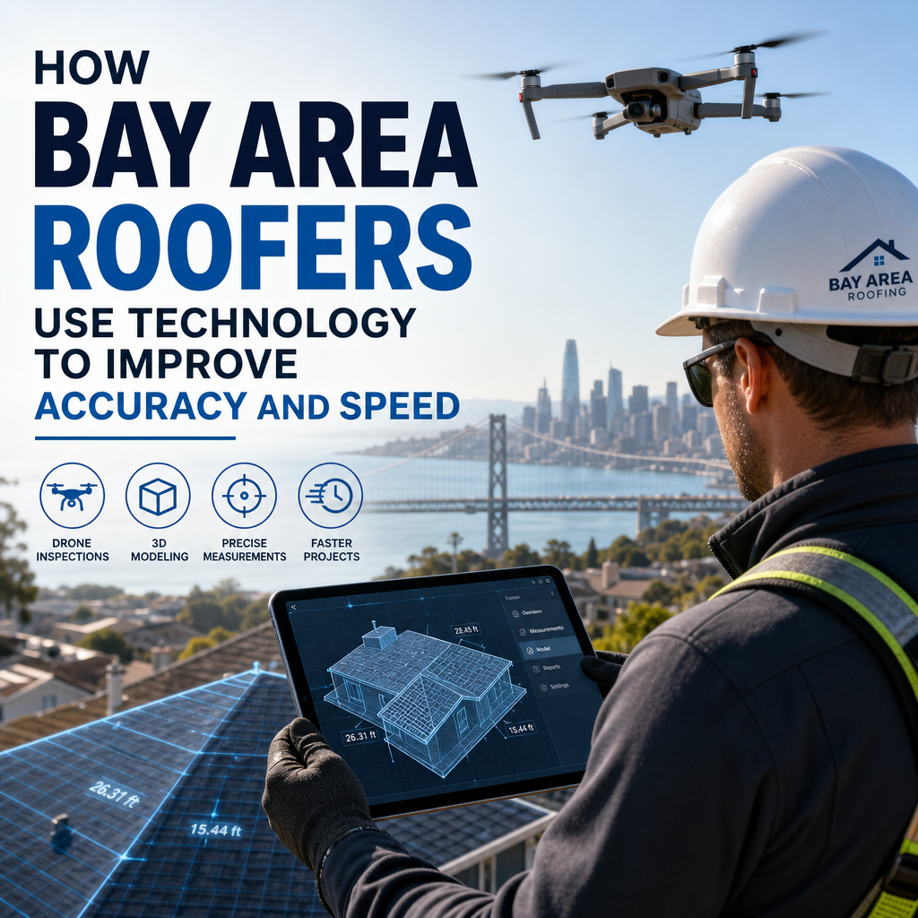 Bay Area roofers using a drone and tablet to inspect a roof and speed up repairs