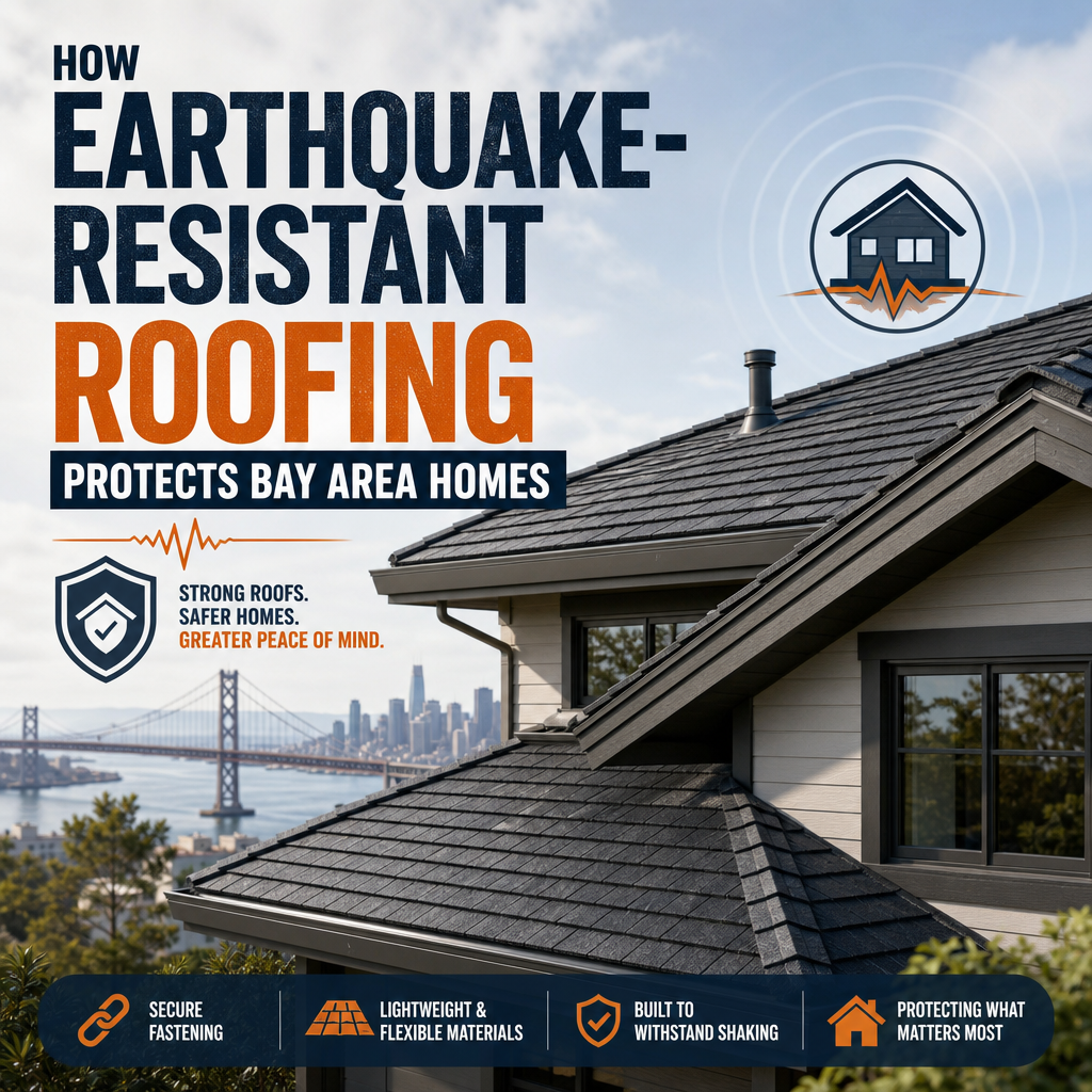 Bay Area home with earthquake-resistant roofing, secure fasteners, and durable lightweight materials.