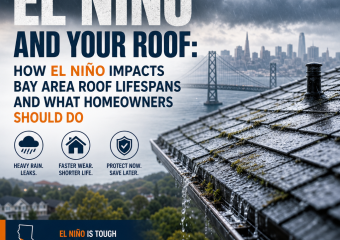 Infographic showing El Niño roof impacts in the Bay Area and tips for protecting roofs from storm damage.