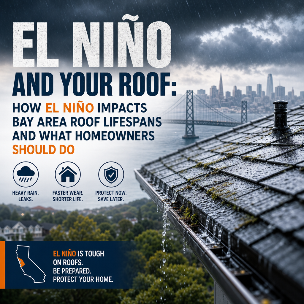 Infographic showing El Niño roof impacts in the Bay Area and tips for protecting roofs from storm damage.