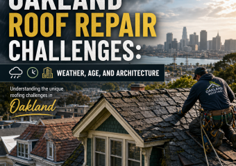 Oakland skyline with aging rooftops, showing roof repair challenges from weather and architecture.
