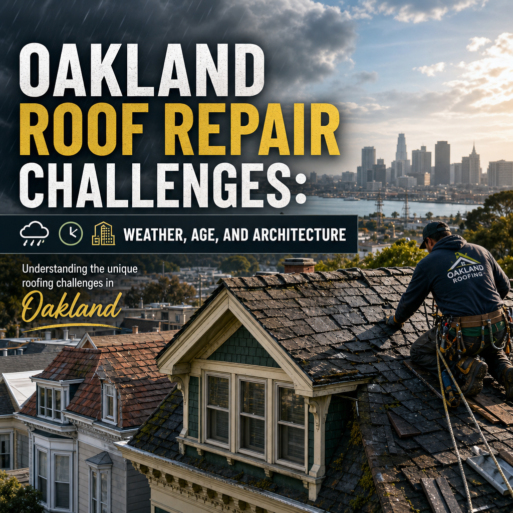 Oakland skyline with aging rooftops, showing roof repair challenges from weather and architecture.