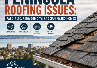 Illustration of Peninsula homes with roof damage from wind, rain, debris buildup, and sun exposure