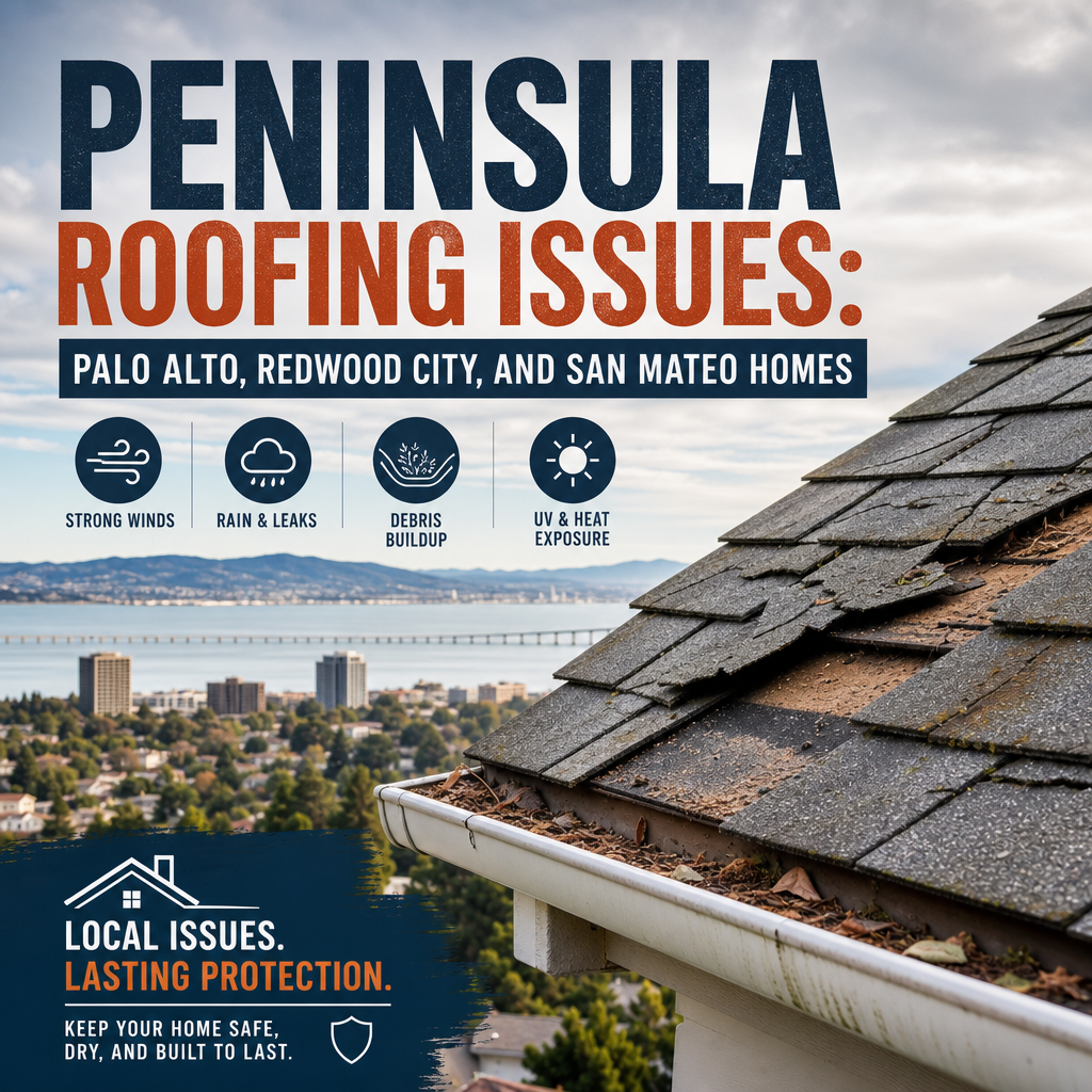 Illustration of Peninsula homes with roof damage from wind, rain, debris buildup, and sun exposure