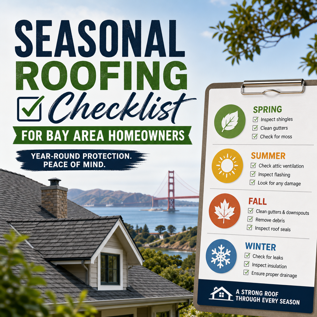 Seasonal roofing checklist for Bay Area homeowners with spring, summer, fall, and winter maintenance tips