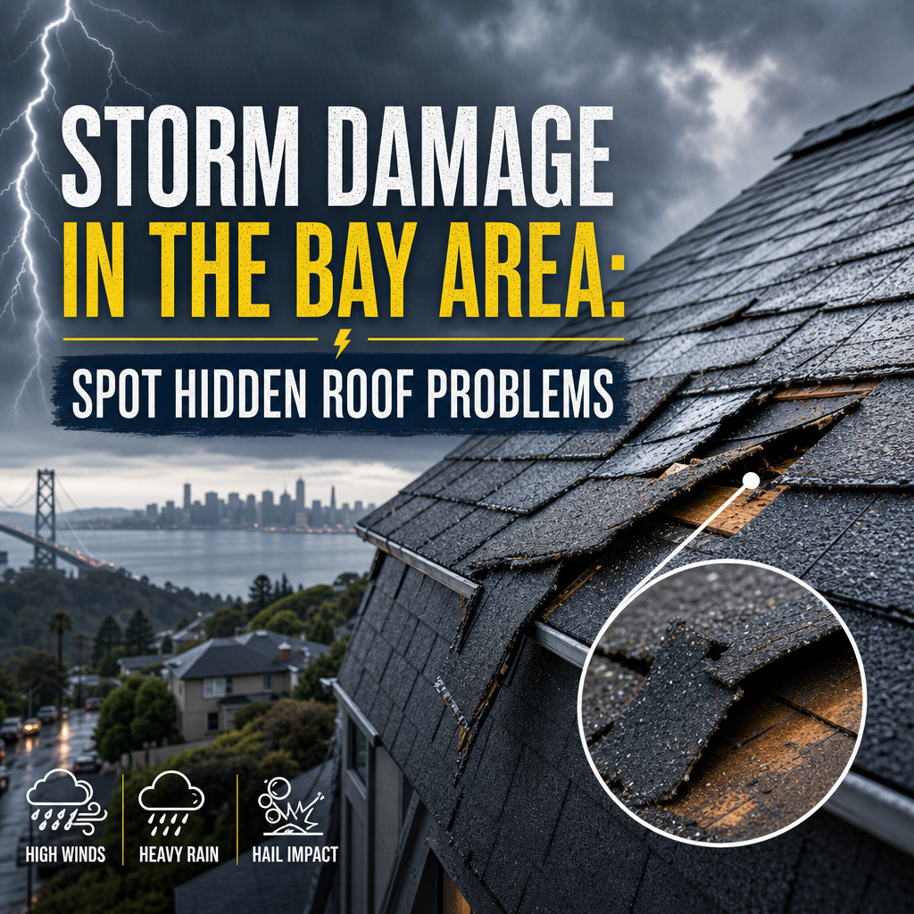 Damaged Bay Area roof with missing shingles and visible storm impact after heavy wind and hail