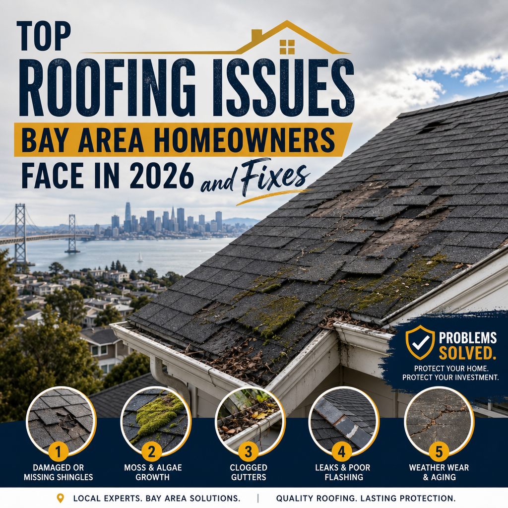Bay Area roofing issues: damaged shingles, moss, clogged gutters, leaks, and weather wear with fixes