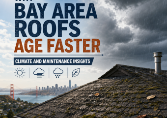 Weathered Bay Area roof with skyline and Golden Gate Bridge under cloudy sky