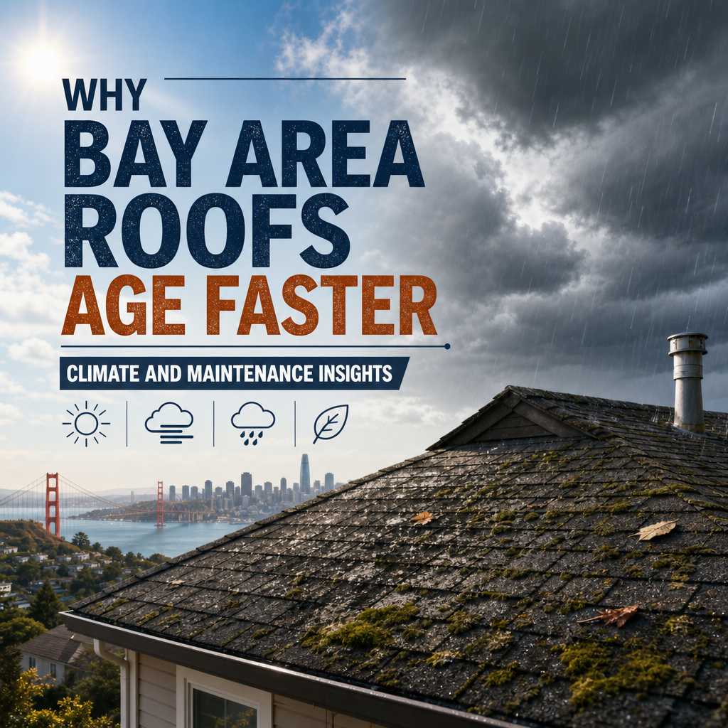 Weathered Bay Area roof with skyline and Golden Gate Bridge under cloudy sky