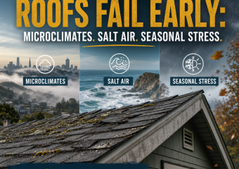 Infographic showing Bay Area roofs failing early from fog, salt air, and seasonal temperature swings