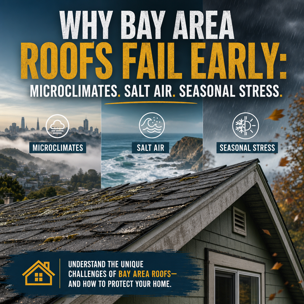Infographic showing Bay Area roofs failing early from fog, salt air, and seasonal temperature swings