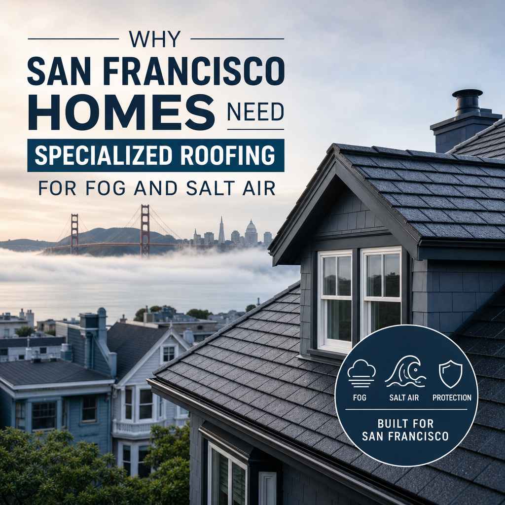 Foggy San Francisco homes with roofs protected against salt air and moisture damage